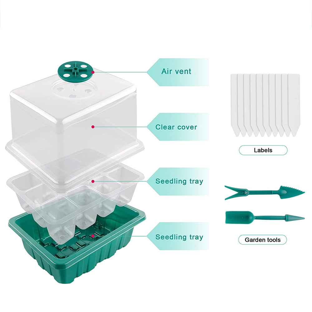 Fangsheng 10 Pack Seed Starter Kit, 120 Cells Germination Trays with Dome - Plastic Seeding Tools and Labels Included