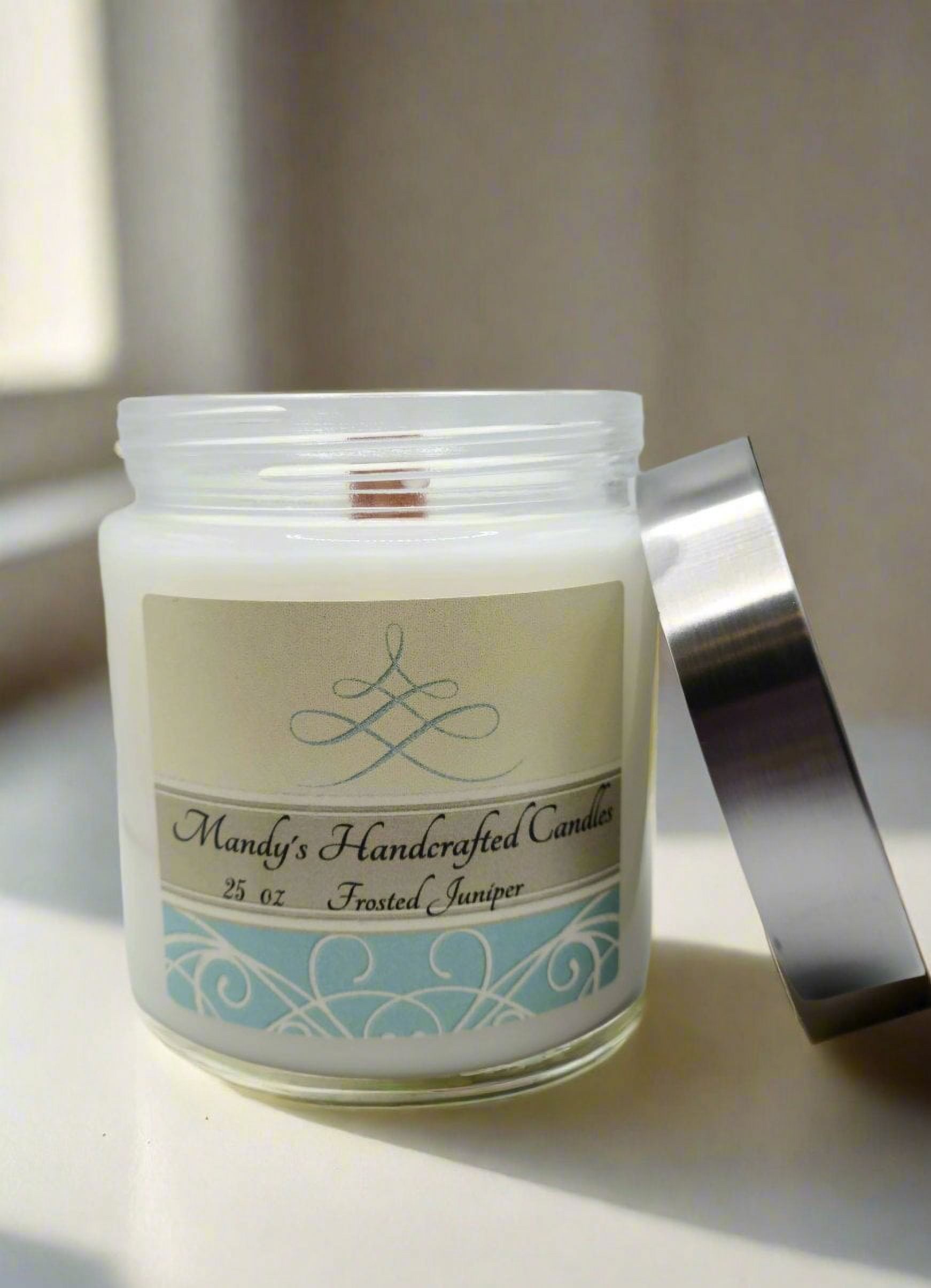 Mandy's Candles Round Clear Glass Candle, 25oz, Frosted Juniper Scented, with Crackling Wooden Wick