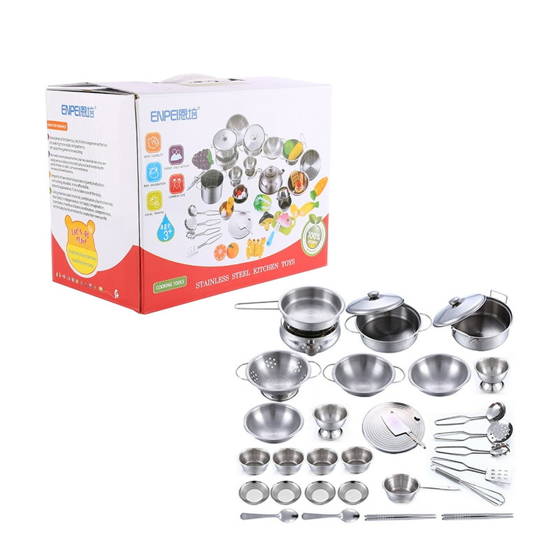 Kids Pretend Play Kitchen Toys Accessories Set, 32 Items Stainless Steel  Toy Pots and Pans Sets w/ Rack Organizer, Metal Cooking Utensils & Holder