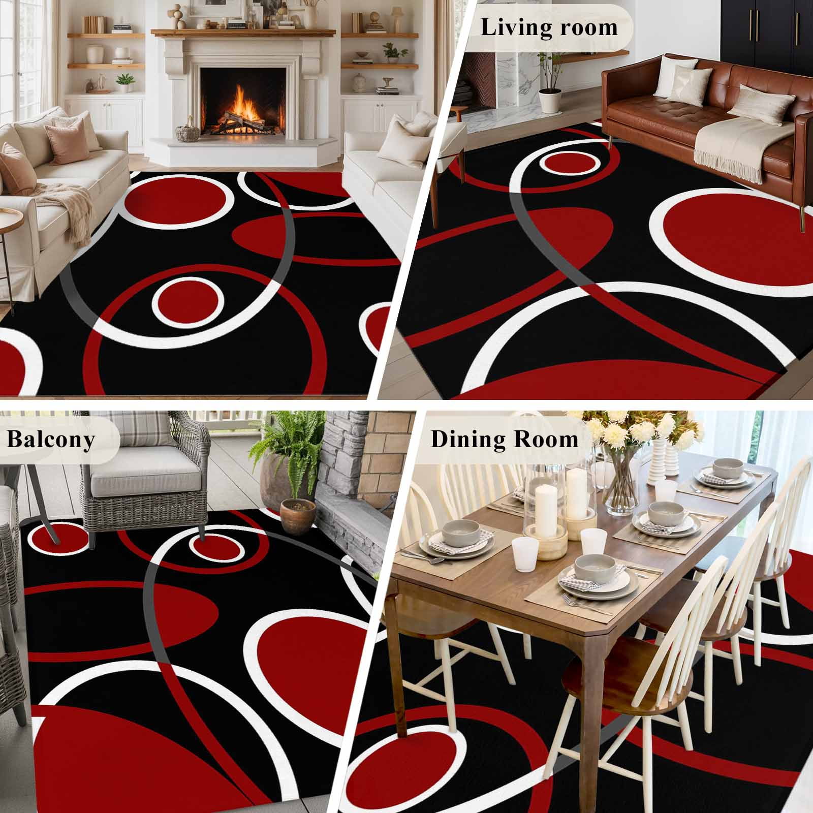 8x10 Area Rugs for Living Room, Black Red Non Slip Area Rugs for Kitchen Bedroom Entryway, White Circle Geometric Abstract Texture Washable Carpet Runner Rug Floor Mats for Bedroom Home Decor