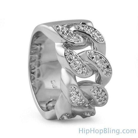 .925 Sterling Silver Cuban Link Bling Bling CZ Ring
