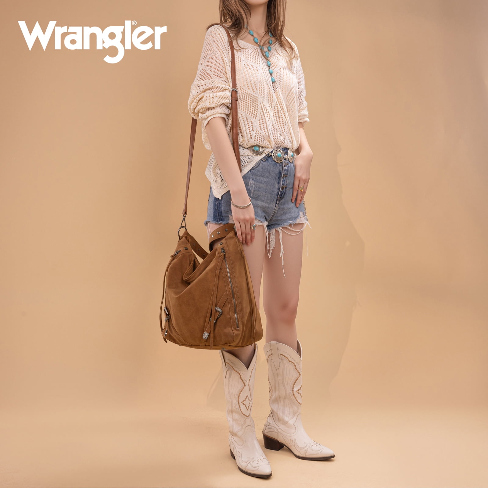 Wrangler Large Hobo Purses and Handbags for Women with Buckle and Fringe Zipper Faux Suede Shoulder Bag, Brown