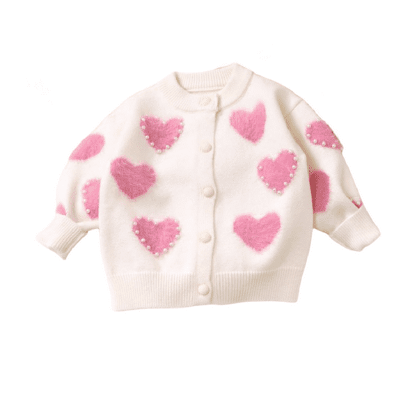 LYMAYTER Kids Girls Sweater Cardigan Newborn Fall Winter Long Sleeve Knit Jacket Toddler Love Pearl Sweater Coat for 0 Months - 6 Years