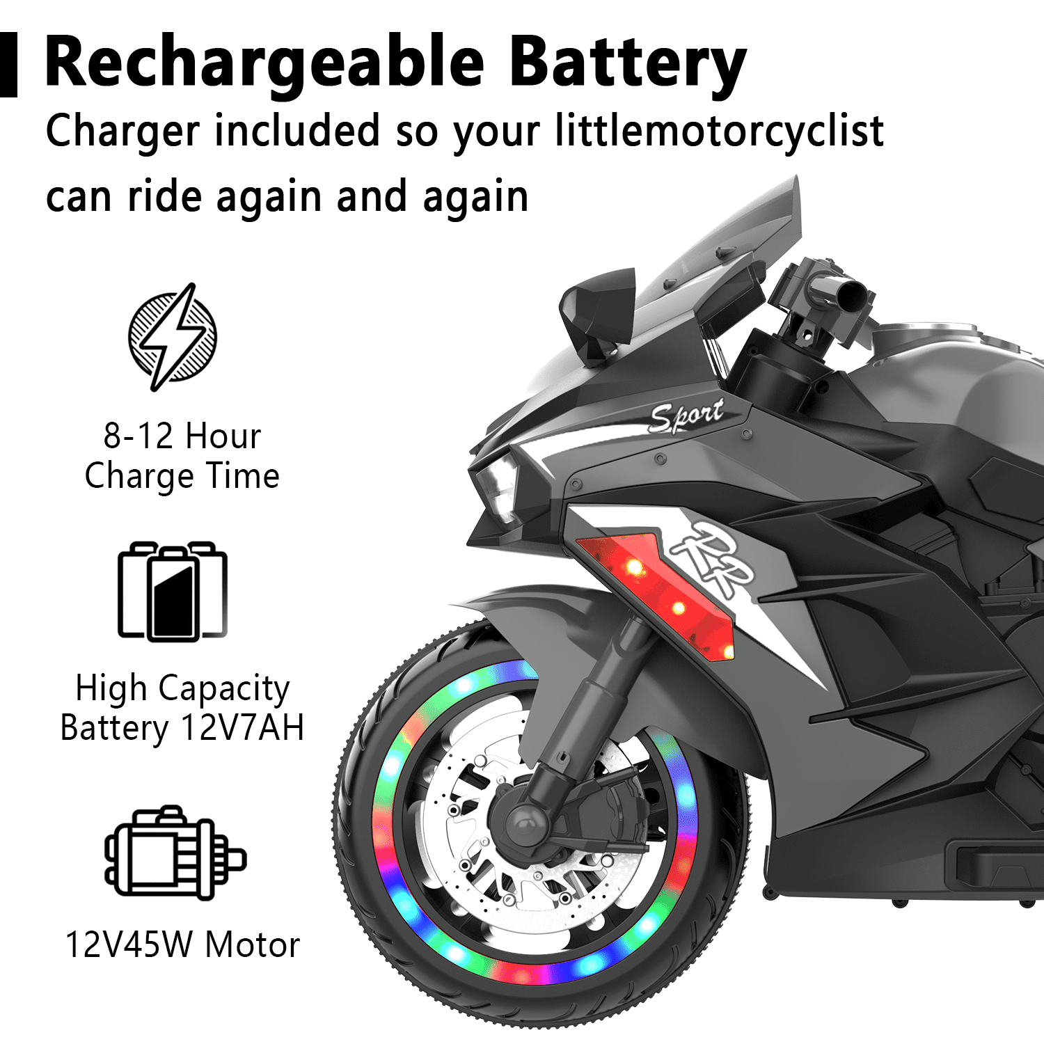 Werseon 12V Motorcycle Ride on Toy for Kids Ages 3+, Rechargeable Motorcycle with LED Light & Training Wheels, up to 90lbs, Gray