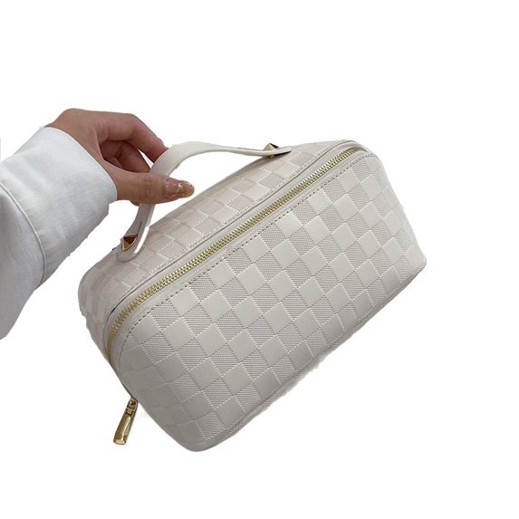 Girlfriend Gift Fashion Women Toiletries Organizer PU Leather Zipper Large Capacity Multifunctional Comestic Organizer Portable Makeup Bag Travel Storage Bag Korean Style Storage Bag WHITE