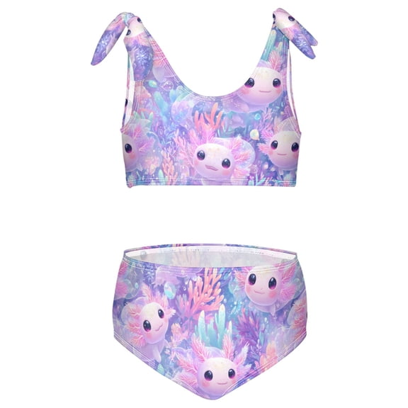 joogoo Girls 2 Piece Axolotl Seaweed Print Swimsuit Set Kids with Adjustable Straps Bathing Suit Summer Beach Pool Swimwear for 7-8T