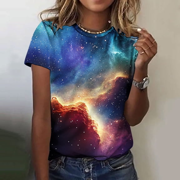 Bwndum Womens Galaxy Print T-Shirt Short Sleeve Crew Neck Slim Fit All Over Space Nebula Pattern Graphic Tee for Women Plus Size,Size S