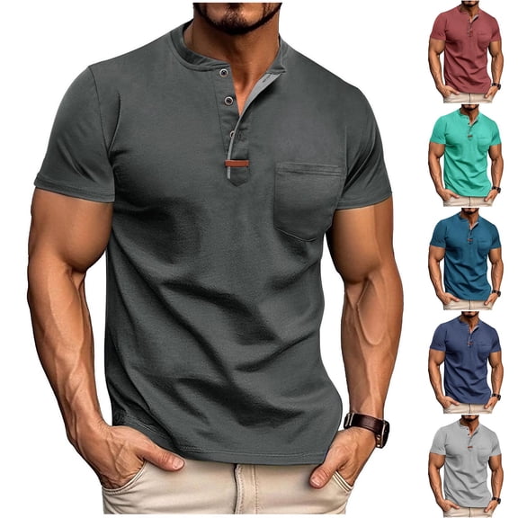 HBGVBA Mens Short Sleeve Tees,Short Sleeve Top for Men,Men's Solid Color Casual Fashion Half Button Collar Pocket Soft Comfortable Daily Wear Short Sleeve T-Shirt