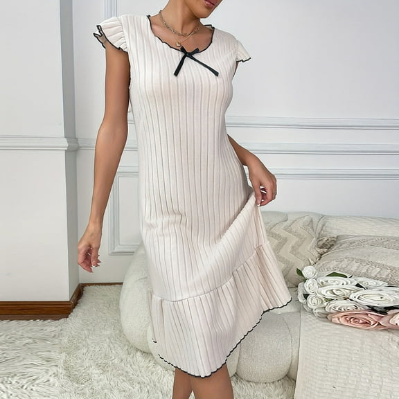 Feancey Fashion Nightgowns for Women Ribbed Knit Long Nightdress Ruffle Cap Sleeve Sleep Dress Solid Color Casual Loungewear Sales Today Beige L