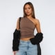 thumbnail image 4 of Blusa Asimétrica de Punto Fruncido con un Hombro Al Descubierto para Mujer, Estilo Y2K, Verano 2025 Marrón L, 4 of 10