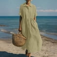 thumbnail image 2 of Linen Dress for Women 2026 Summer - Short Sleeve Button Up Flowy A-Line Pleated Front Lapel Collared Casual Maxi Dress, 2 of 5