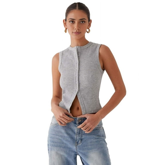 Women'S Sleeveless Round Neck Slim Fit Ribbed Button Vest Light gray M