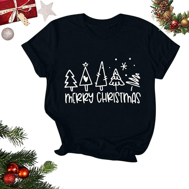 Amzcrzy Hauts d'Été pour Femmes Hauts de Noël Imprimés Col Rond Manches Courtes T-Shirt Haut Manches Courtes Col Rond T-Shirts pour Femmes Hauts Manches Courtes pour Femme