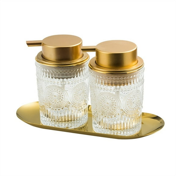 Soap Dispenser 2 Pack, Antique Design Thick Glass Hand Soap Dispensers with Golden Sturdy Tray, Glass Soap Dispenser for Kitchen, Bathroom