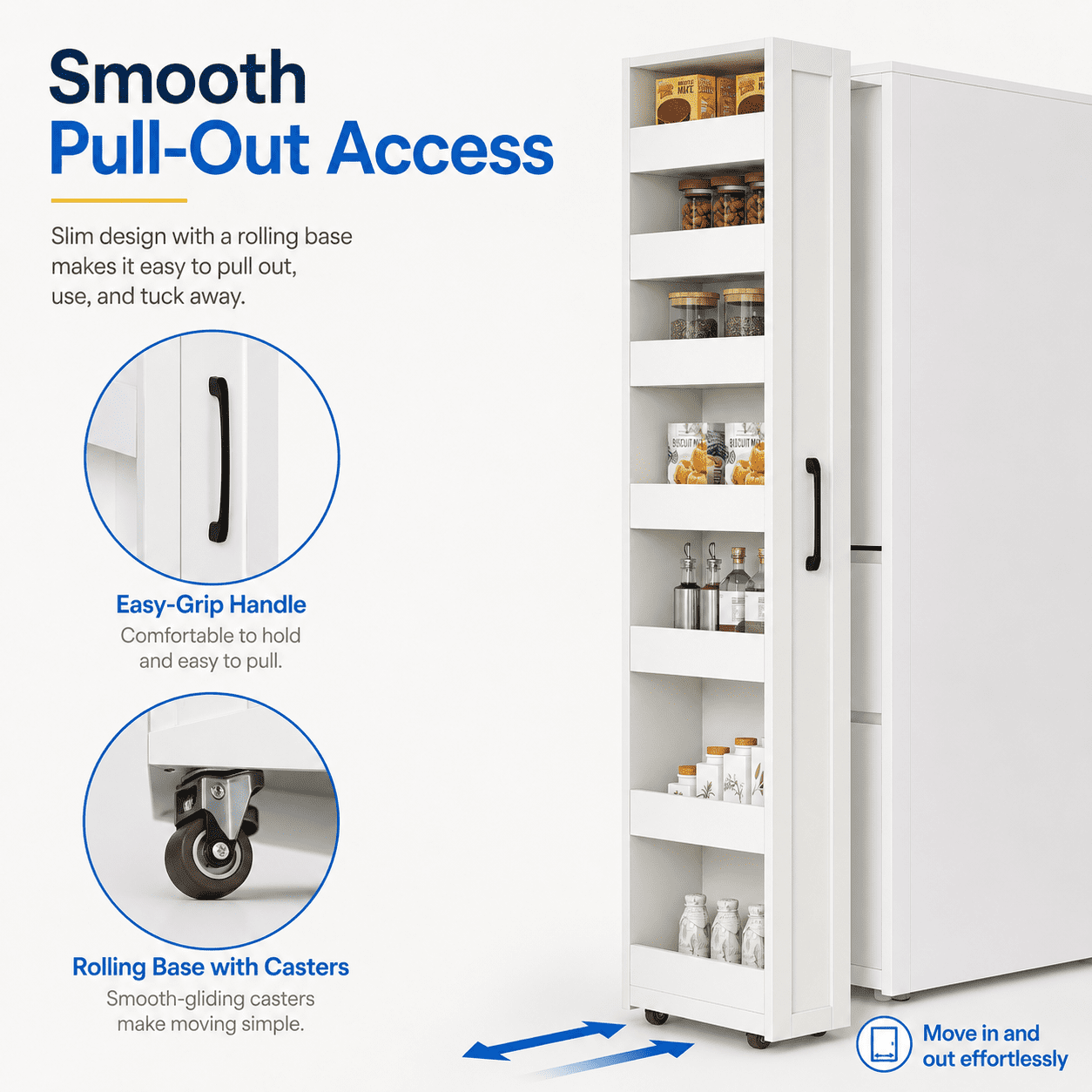 Aukfa 7-Tier Slim Rolling Pantry Cabinet, 68.3" Narrow Pull-Out Kitchen Storage Cart with Handle and Casters,White