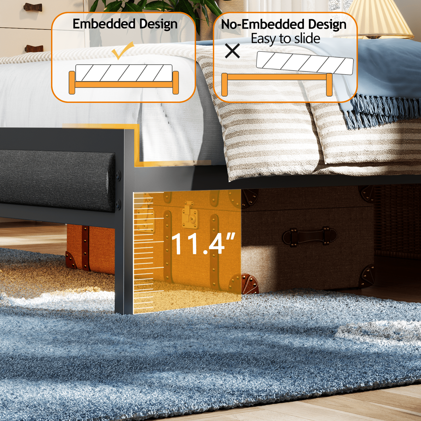 Satifur Twin Bed Frame with Upholstered Storage Headboard, Metal Platform Bed Station with Charging Station & LED, Noise-Free.No Box Spring Needed