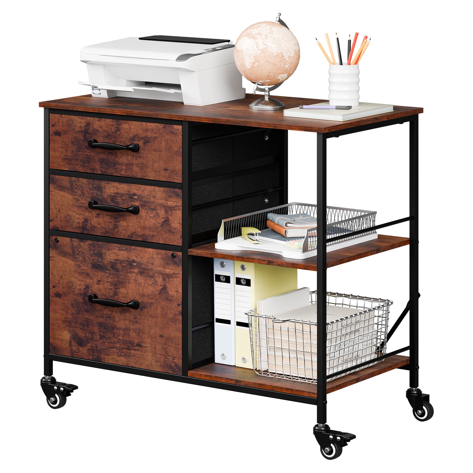 ZENSTYLE Storage Shelf 3 Drawer Rolling Stand Mobile File Cabinet for Home Office, Rustic Brown