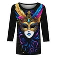 thumbnail image 5 of Cadancy Mardi Gras Shirt Women 3/4 Sleeve Trendy Crewneck Pullover Tunic Tops Rave Party Mask Print Carnival Blouse Casual Loose Holiday Outfits, 5 of 6