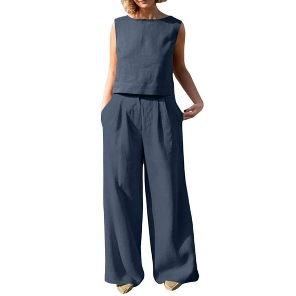 Women 2 Piece Cotton Linen Sets Outfits for Women Solid Color Crewneck Sleeveless Tops Loose Fit Pants Suit with Pocket