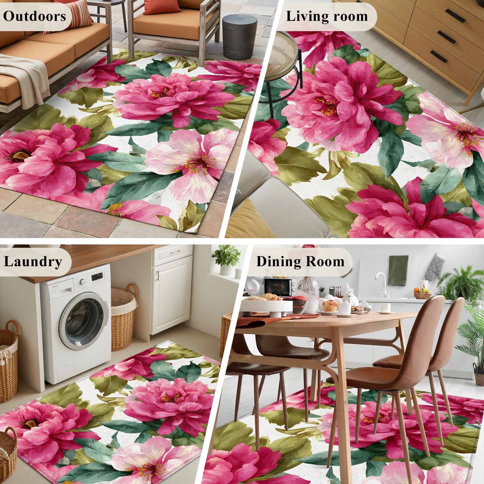 Pink Floral Area Rugs 4'x6', Washable Small Throw Rugs for Office Bathroom, Watercolor Flowers Leaves Plants Watercolor Indoor Outdoor Rug Non-Slip Low Pile Carpet Runner Reversible Floor Mats