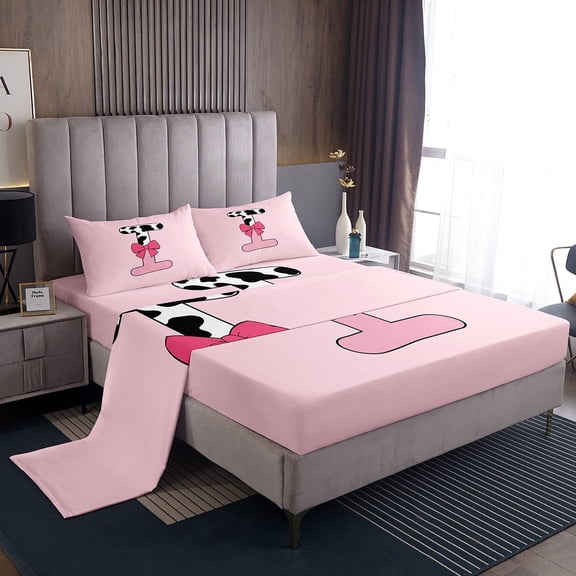 Erosebridal Initial Monogrammed Sheet Set Twin,Bowknot Cow Print Bedding Sets Twin Size,Lightweight Bed Sheets Twin,Kawaii Room Decorative,3pcs