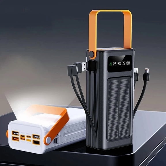 30000mAh Large Capacity Solar Power Bank, PD22.5W Fast Charging, Built-In Four Data Cables/Flashlight Light, Multiple Outputs & LED Power Display, Outdoor Travel/Camping Mobile Emergency Power Device