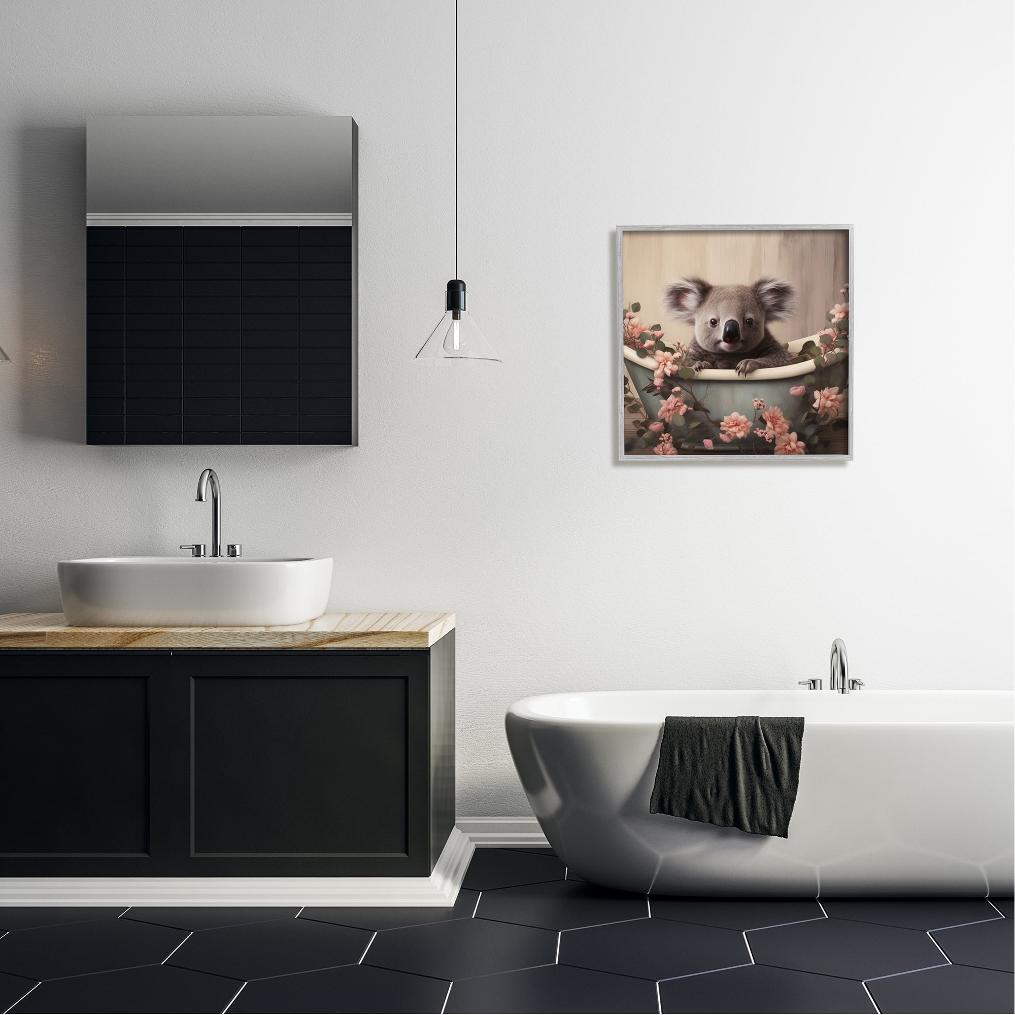 Stupell Industries Koala Bathroom Pink Florals Animals & Insects Painting Gray Framed Art Print Wall Art, 24 x 24