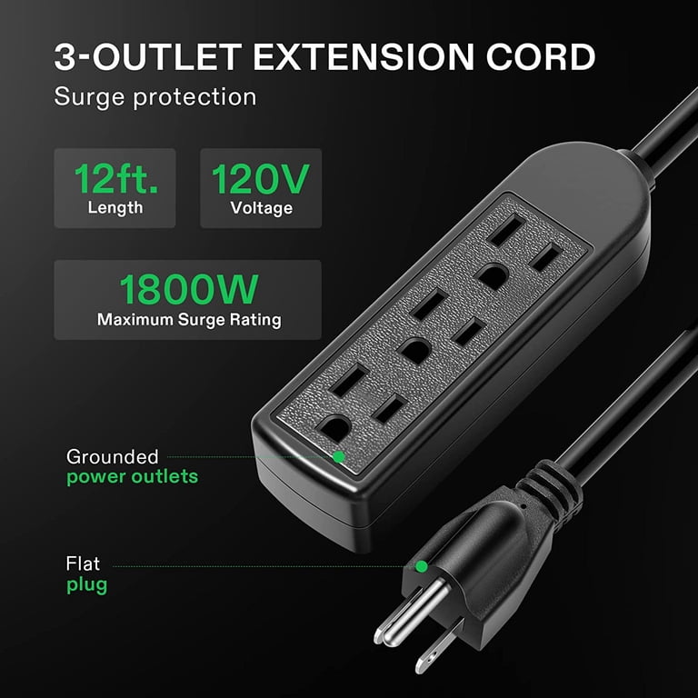 VIVOSUN 12 Ft Extension Cord – 3-Outlet Power Strip, 15A 14 AWG, 1800W Surge Protection, Indoor/Outdoor Use (Black)