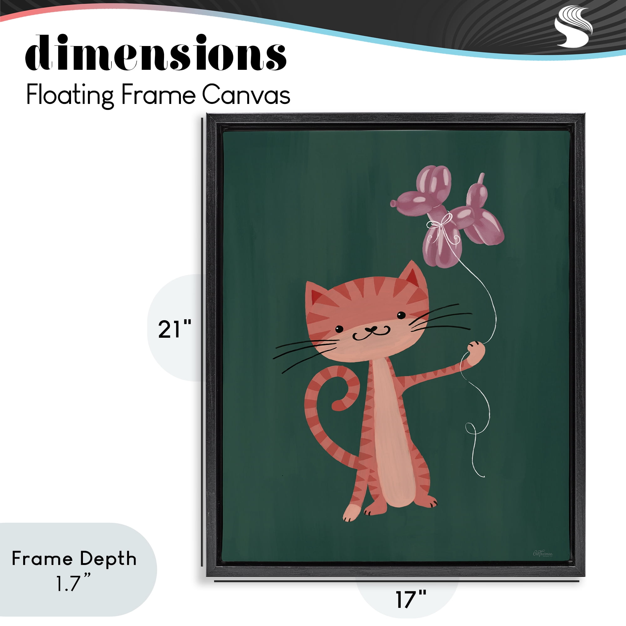 Stupell Industries Balloon Buddy Cat Black Framed Floater Canvas Wall Art, design by Cat Thurman Designs
