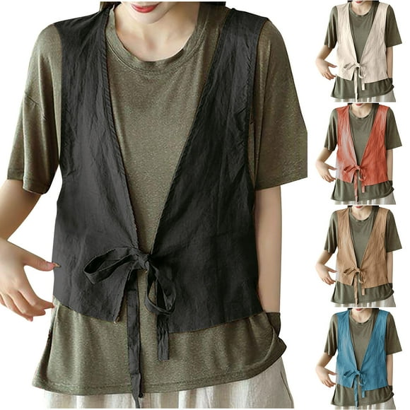 Eryao Daily Deals Women's Casual Cotton Linen Vest Vintage Sleeveless Open Front Kimono Cardigan V-Neck Blazer Waistcoat Tops,Blue,XXL