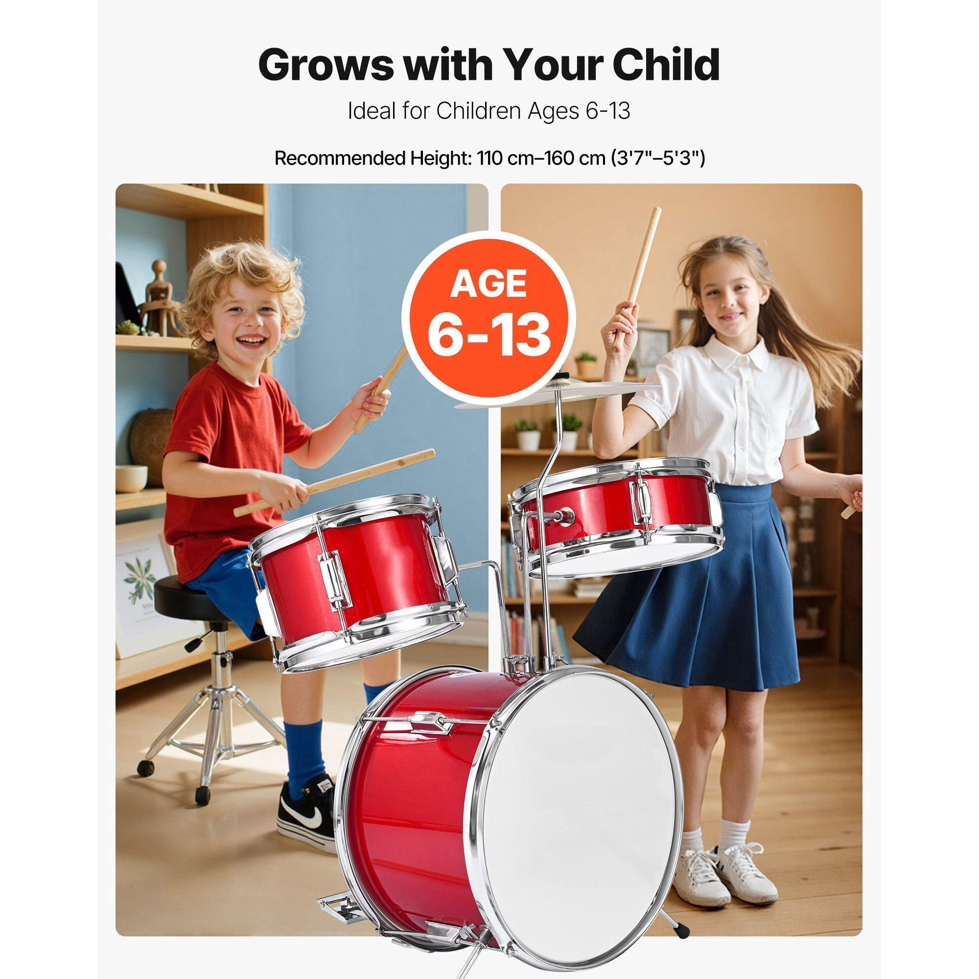 Junior Drum Set 3 Piece 14 Inch Kids Drum Kit with Adjustable Stool Cymbal and Drumsticks Musical Learning Instrument for Children Ages 6-13 Red