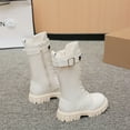 thumbnail image 4 of Girls Waterproof Mid Calf Combat Boots Fashion Star Decor Buckle Strap Lace up Lug Sole Chunke Heel Winter Tall Riding Booties White 10 Little Kids, 4 of 8