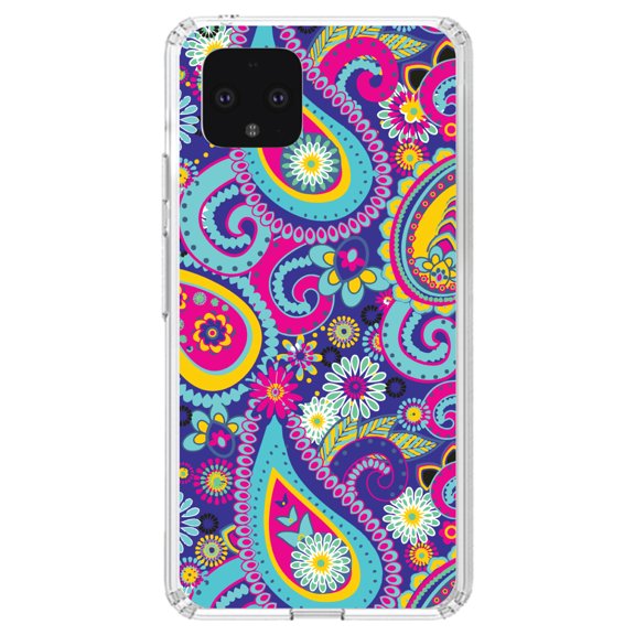 DistinctInk Clear Shockproof Hybrid Case for Google Pixel 4 (5.7" Screen) - TPU Bumper, Acrylic Back, Tempered Glass Screen Protector - Hot Blue Yellow Pink Paisley