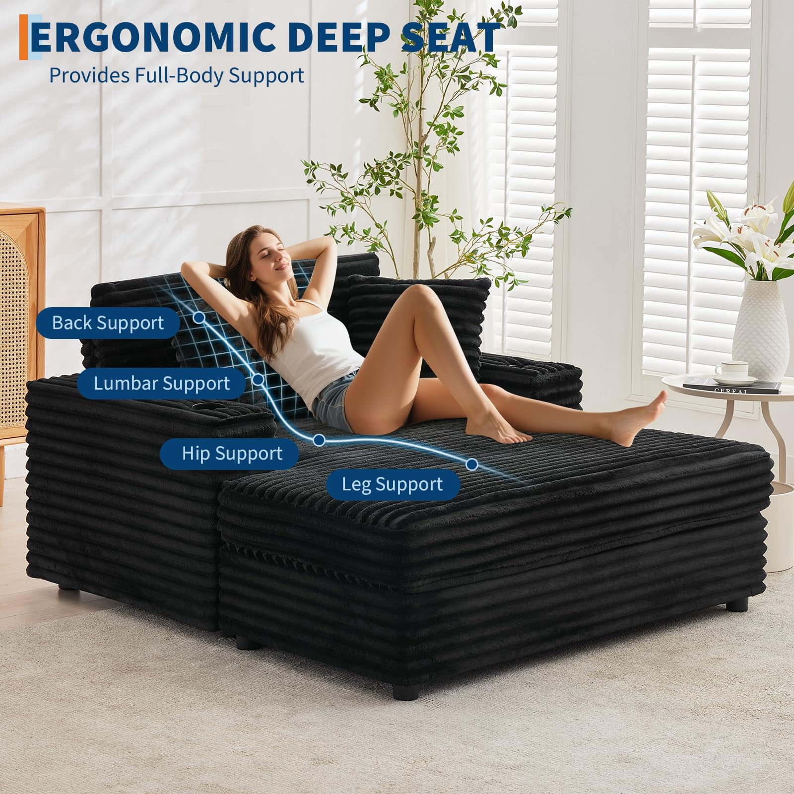 Oversized Corduroy Chaise Lounge Chair with Cup Holder & USB Charging Port, 54" Wide Plush Sofa with High-Density Foam & Supportive Springs for Living Room