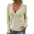 thumbnail image 1 of Suéter con cuello en V para mujer, elegante ribete de encaje, color sólido, suave y cómodo, jersey de punto, Top albaricoque L, 1 of 6