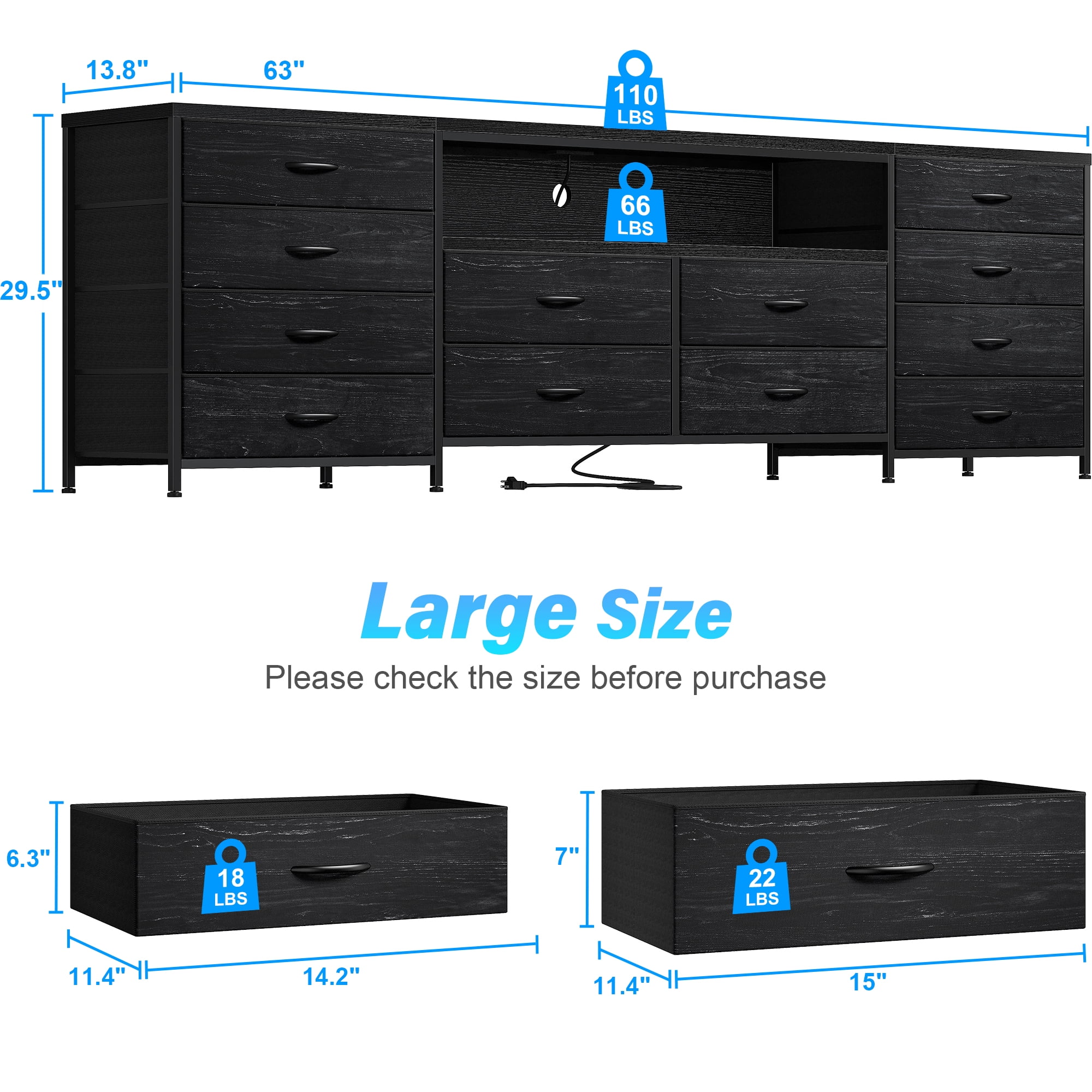 EnHomee 63" Long Dresser TV Stand for 65 70 75 Inch LED TV Stand Dresser for Bedroom with Power Outlets&12 Fabric Drawers,Black