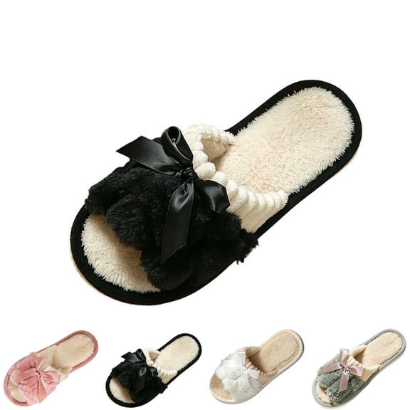 Taqqpue Memory Foam Open Toe Fuzzy Slippers for Women Slip On Cozy Indoor House Footwear for Her Versatile Indoor Slippers Bow Winter Trendy Fashionable Warm Flat Cotton Slippers