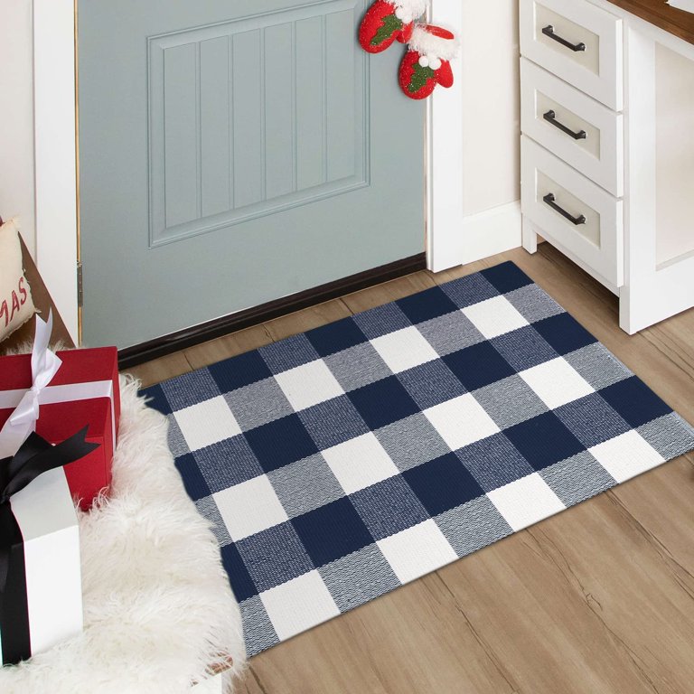 Navy Blue White Plaid Rug Indoor Porch Checkered Rug, Washable