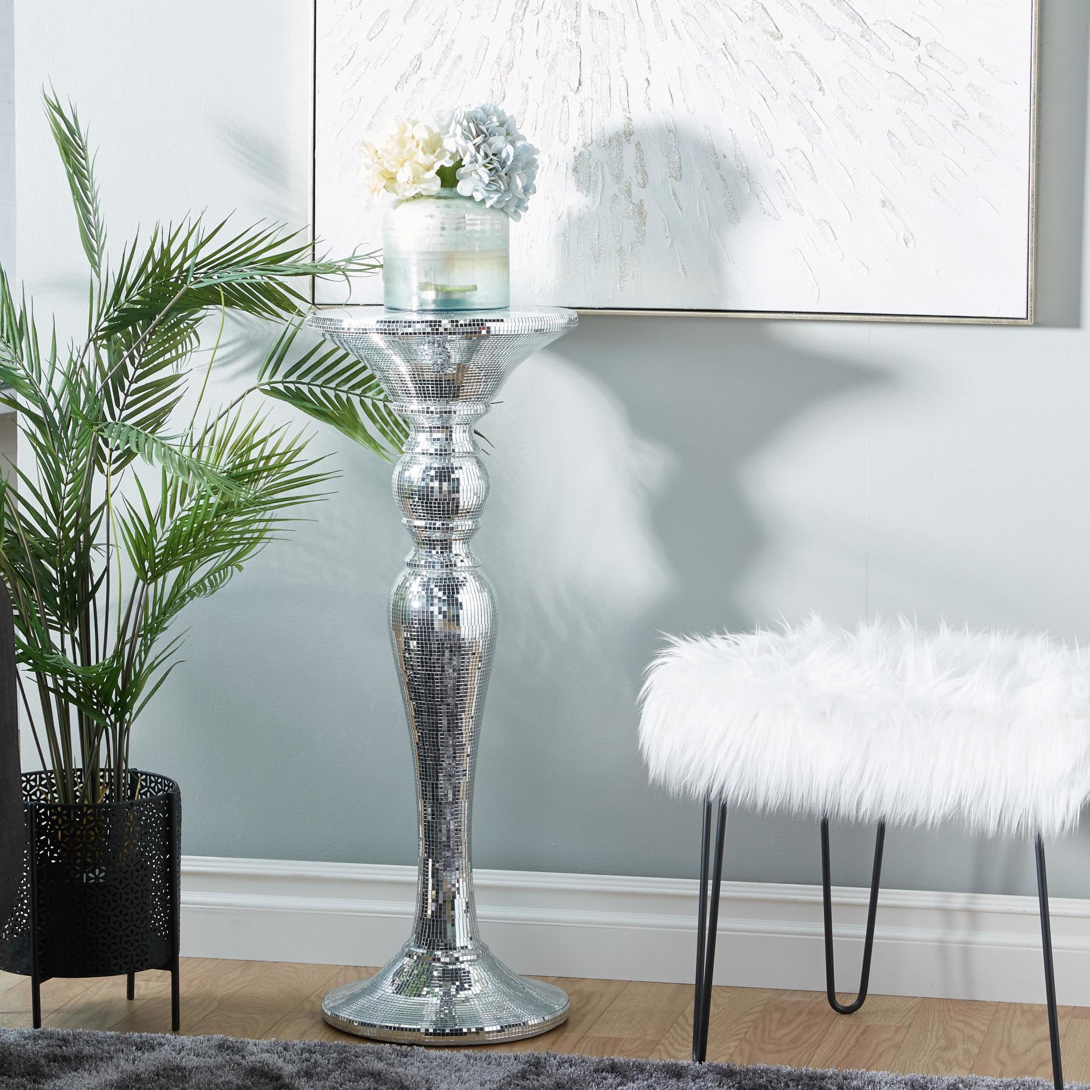 DecMode 14" x 36" Silver Glass Mosaic Mirrored Turned Floor Pedestal Table, 1-Piece