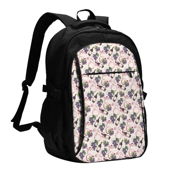 Wukai Watercolor Wine Bottle Travel Laptop Backpack: Business Water-Resistant Bag with USB Charging Port, Ideal College Backpack for Men & Women