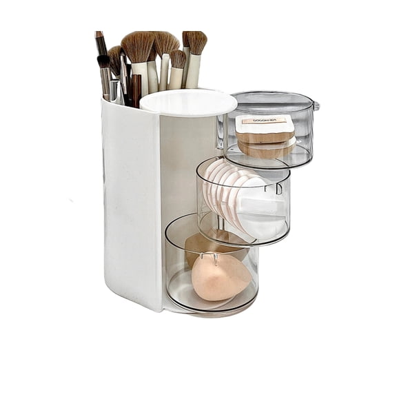 3-Tier Rotating Makeup Organizer Dustproof Beauty Blender Storage Box for Vanity Cosmetic Case for Makeup Sponges Lipsticks and Brushes White