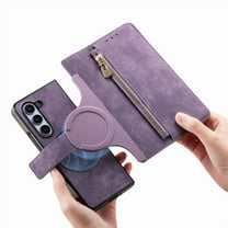 Dteck for Galaxy Z Fold 3 Wallet Case, 2 In 1 Detachable Wallet Zipper Card Holder RFID Blocking PU Leather Magnetic Phone Cover for Samsung Galaxy Z Fold3 5G, Purple