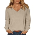 thumbnail image 3 of LNZGNM Sweaters for Women Long Sleeve V-neck Ribbed Oversized Lightweight Cozy with Stretch Sweater Fall Outing Comfort,Khaki(L), 3 of 9
