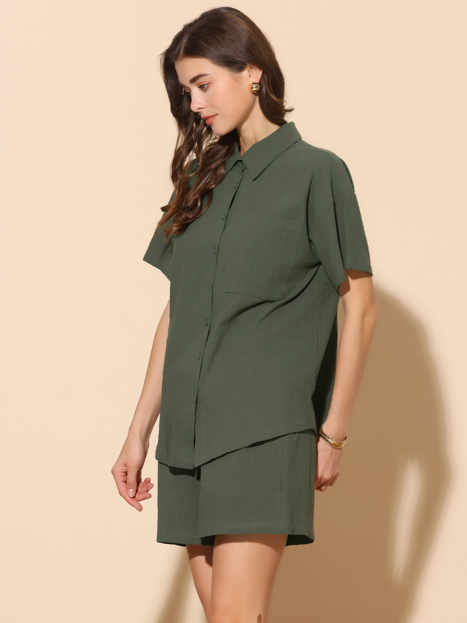 DARING DIVA 2 Pcs Women's Cotton Button Down Shirt Lounge Beach Short Sets M Army Green