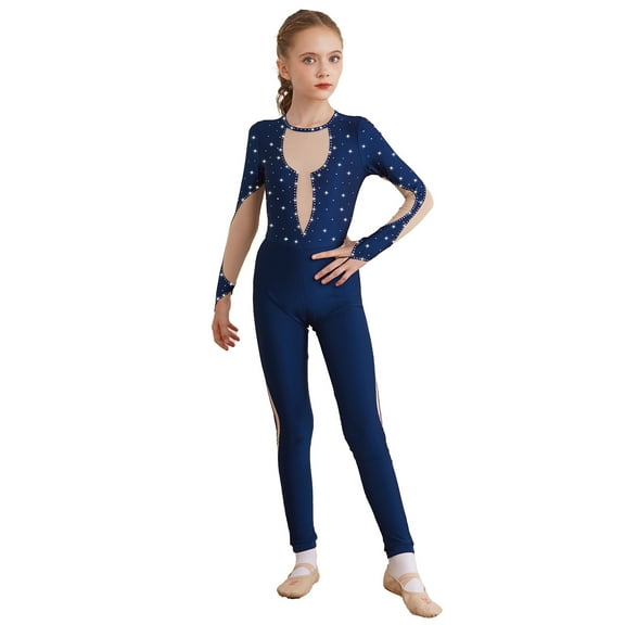 YONGHS Kids Girls Shiny Rhinestones Ballet Gymnastic Dance Leotard Unitard Figure Skating Dancewear Navy Blue 6