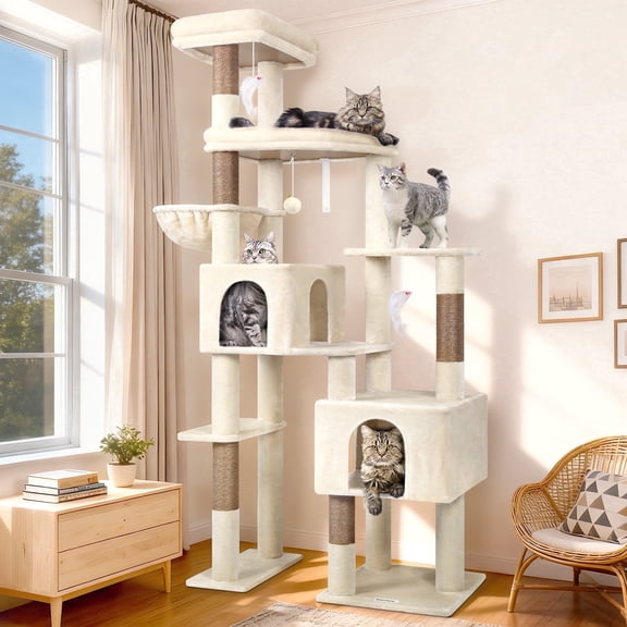 Globlazer 78" Large Cat Tree, Multi-Level Heavy Duty Cat Tower Condo with Sisal Scratching Posts & 2 Condos, Beige