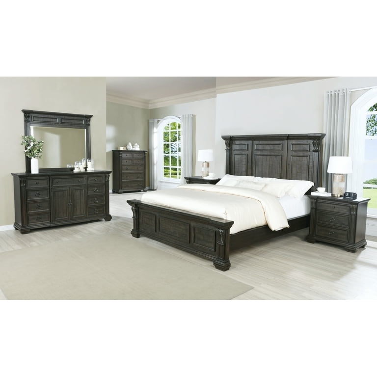 Farson Distressed Dark Walnut Finish Wood Panel Queen Bed Dresser