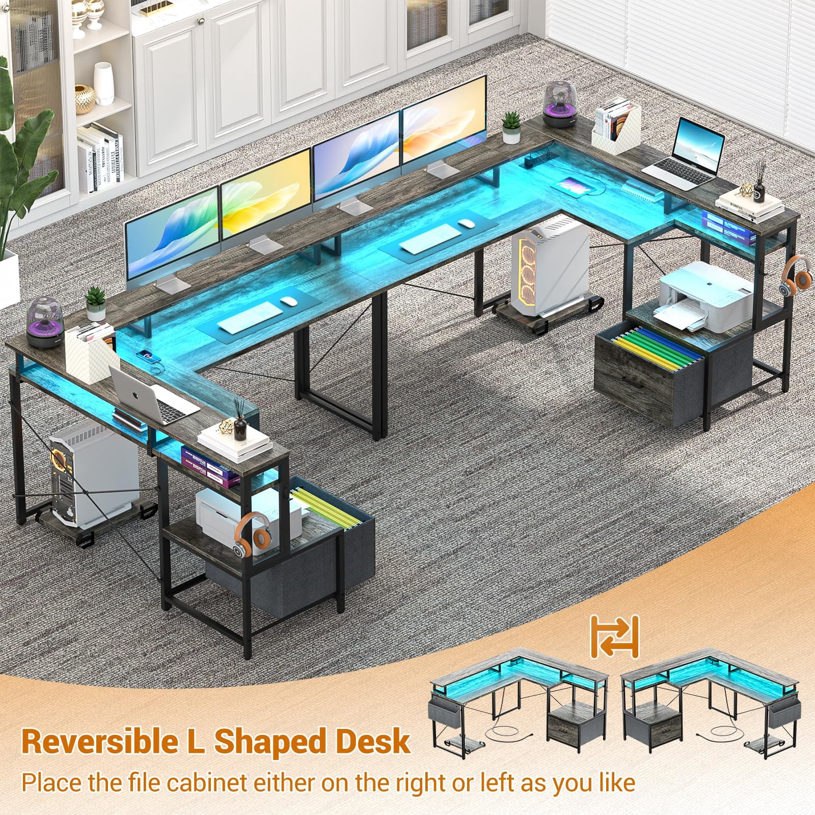 Homieasy L Shaped Desk with File Drawer, Reversible L Shaped Computer Desk with Power Outlet & LED Lights, Home Office Desk Corner Desk with Monitor Shelf and Printer Cabinet, Black Oak