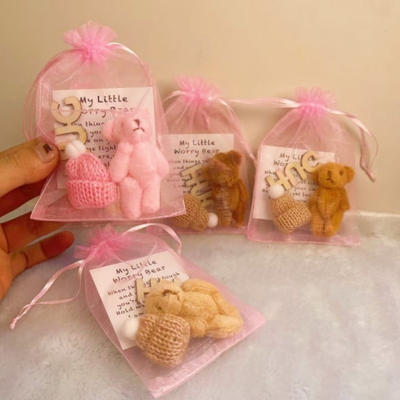 Dserhfy Pocket Hug Plush Bear Toy with Encouragement Card Mesh Bag Mini Positive Stuffed Bear Doll with Knitted Hat Inspirational Gift