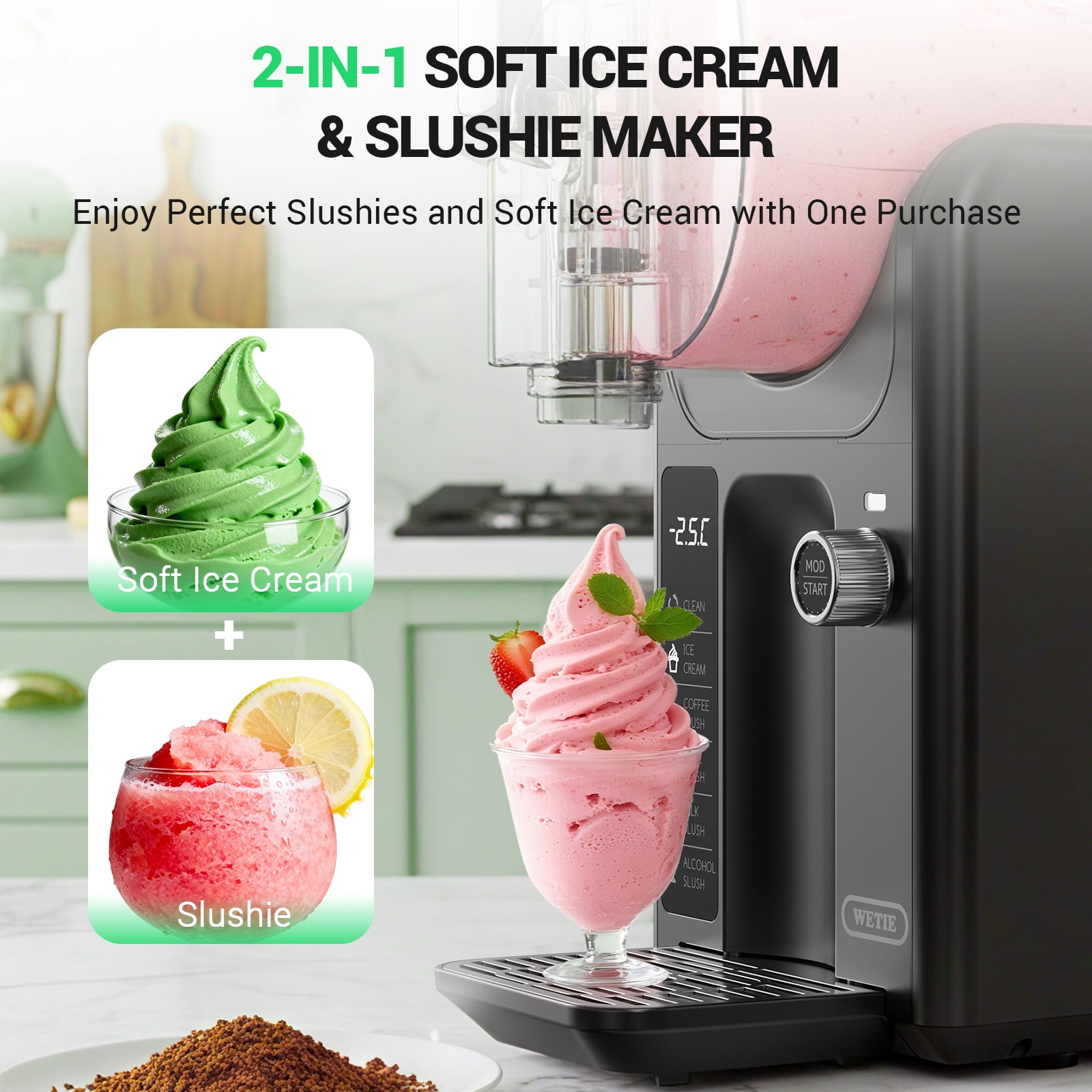 Slushie Machines, WETIE 82oz 5-in-1 Frozen Drink & Ice Cream Maker w/ LED Display, Adjustable Hardness, 24H Continuous Use